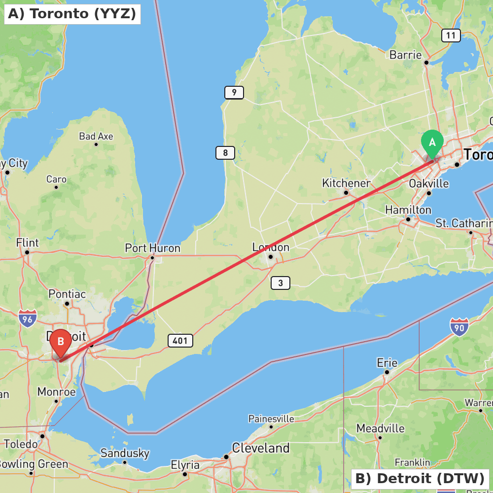 Flight route map from Toronto to Detroit