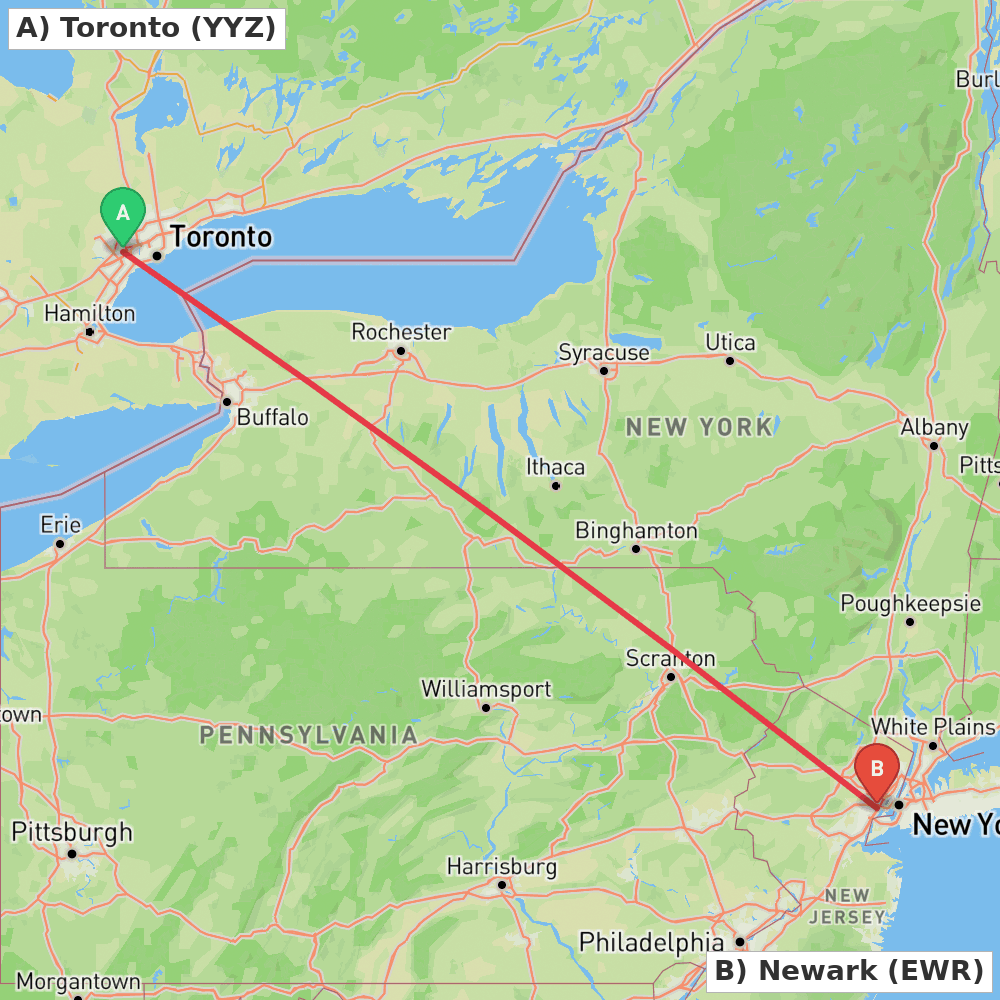 Flight route map from Toronto to Newark