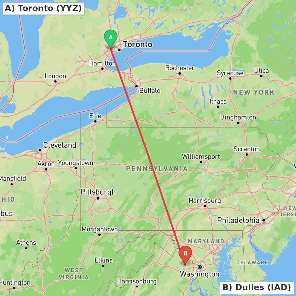Flight route map from Toronto to Dulles