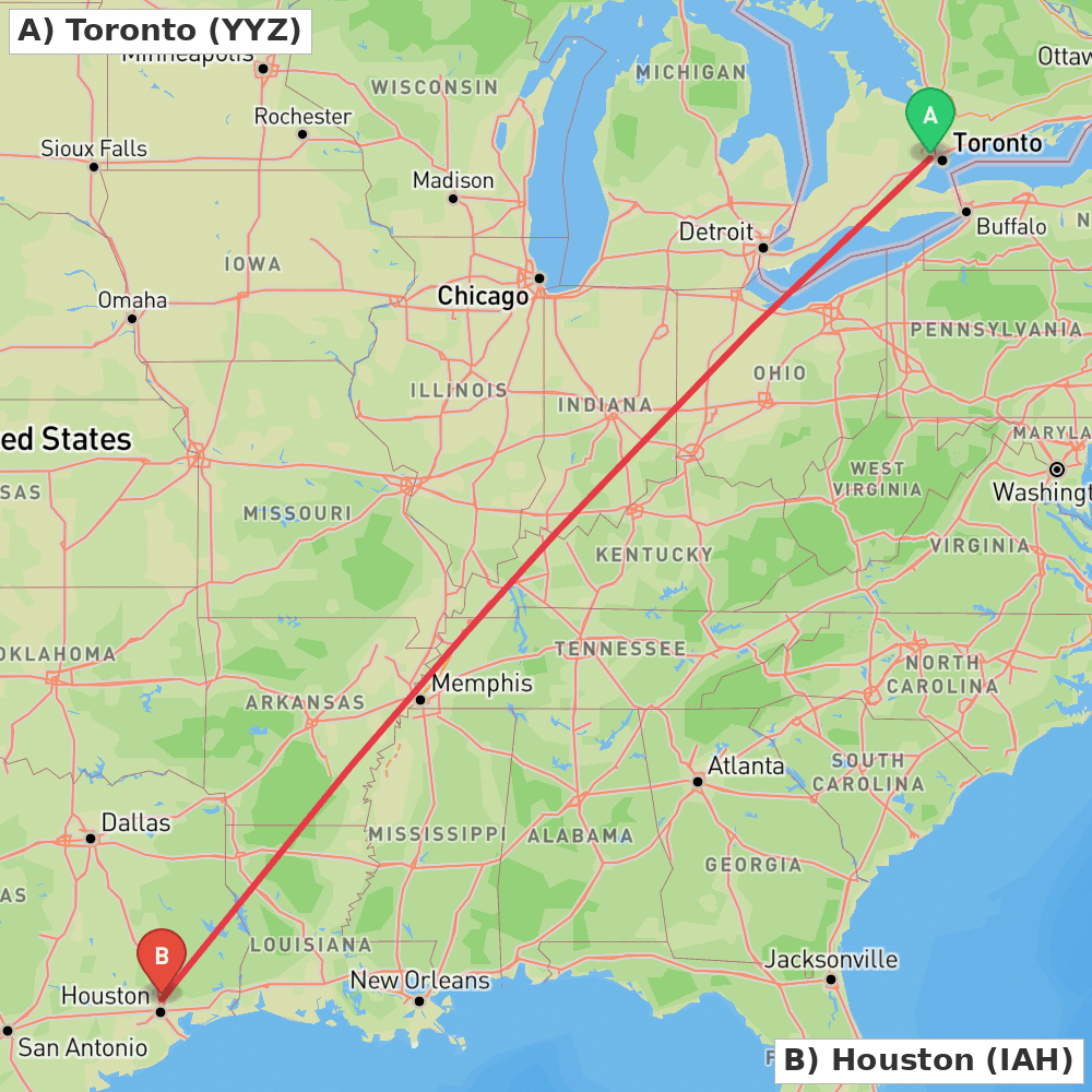 Flight route map from Toronto to Houston
