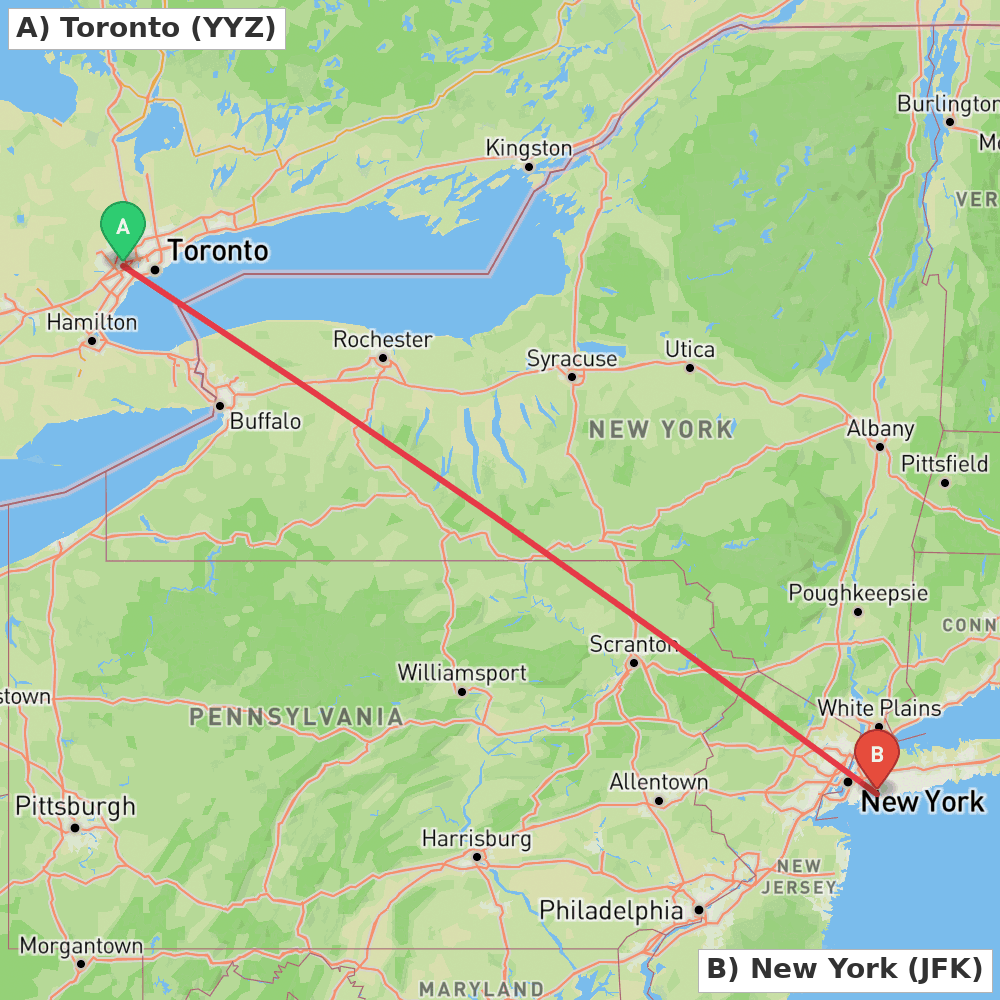 Flight route map from Toronto to New York