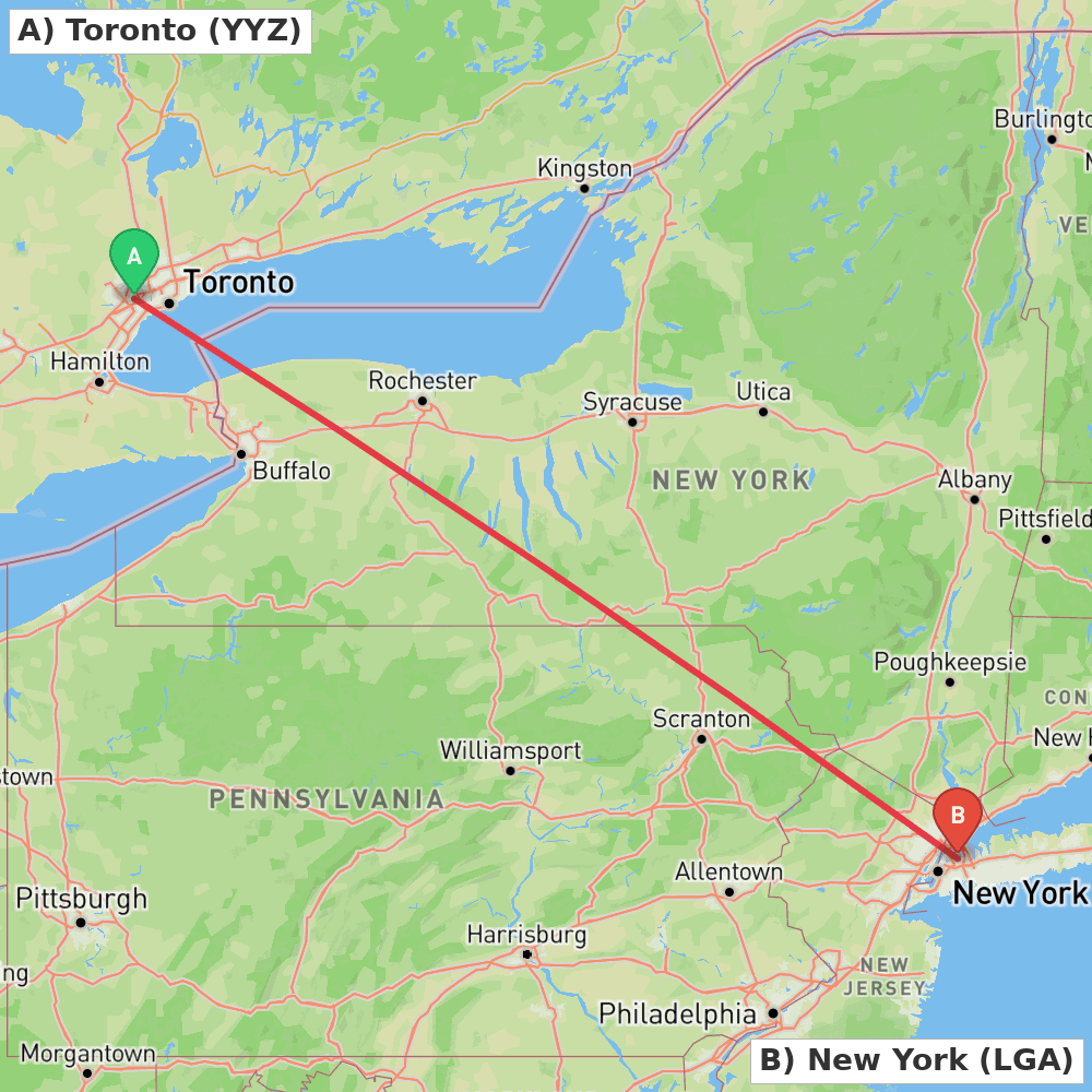 Flight route map from Toronto to New York