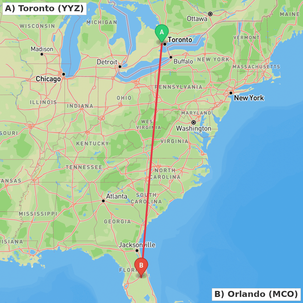 Flight route map from Toronto to Orlando