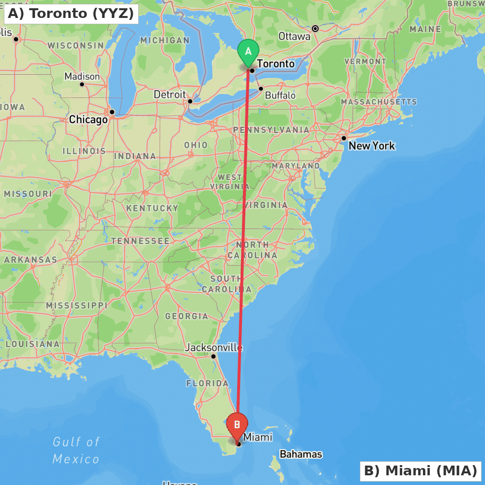 Flight route map from Toronto to Miami