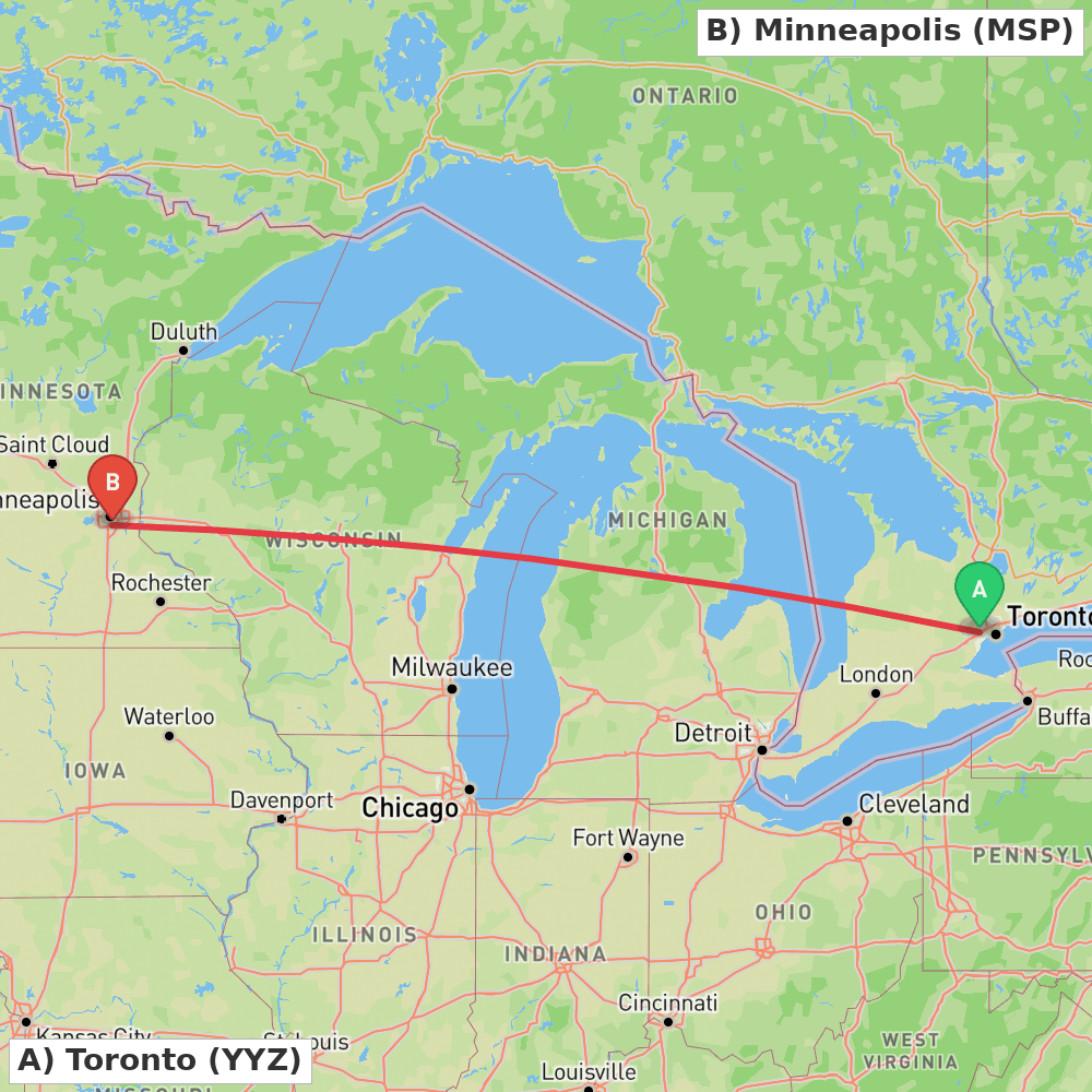 Flight route map from Toronto to Minneapolis