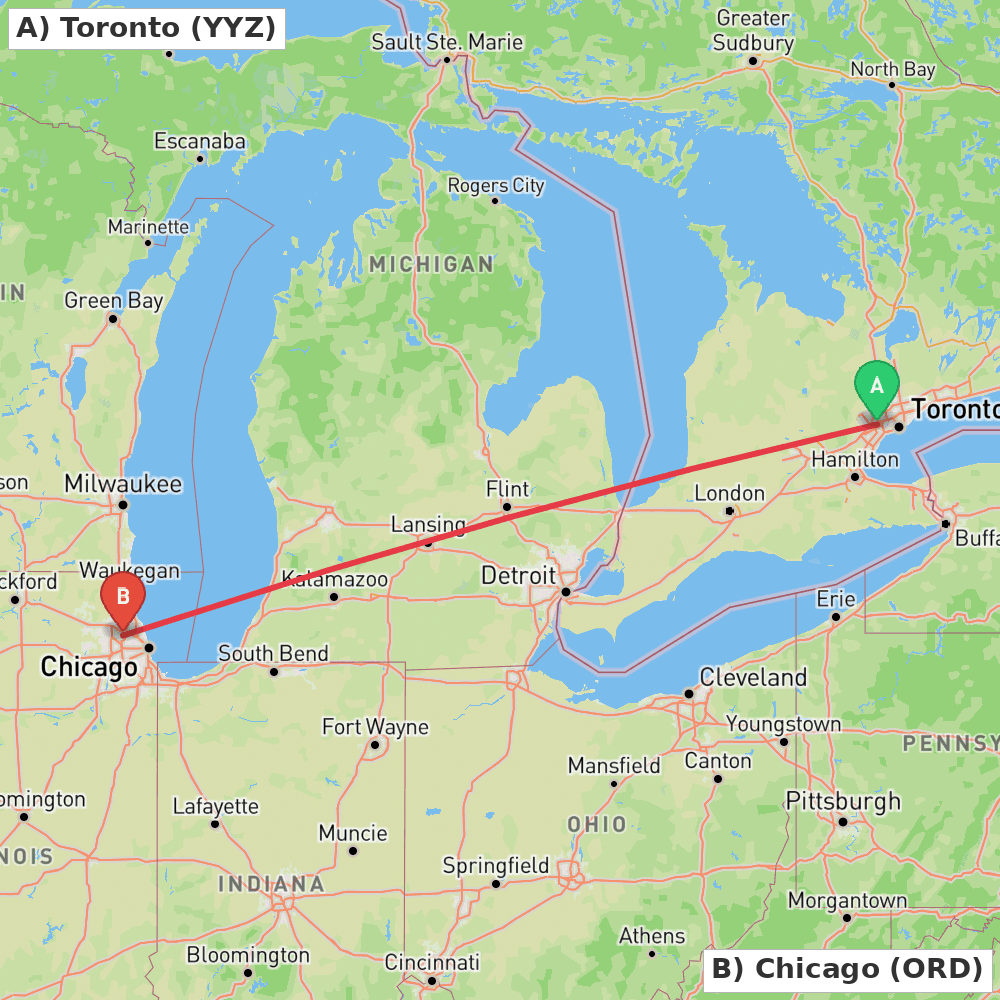 Flight route map from Toronto to Chicago