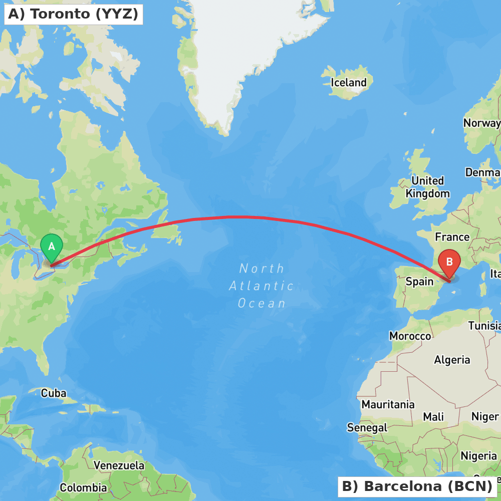 Flight route map from Toronto to Barcelona