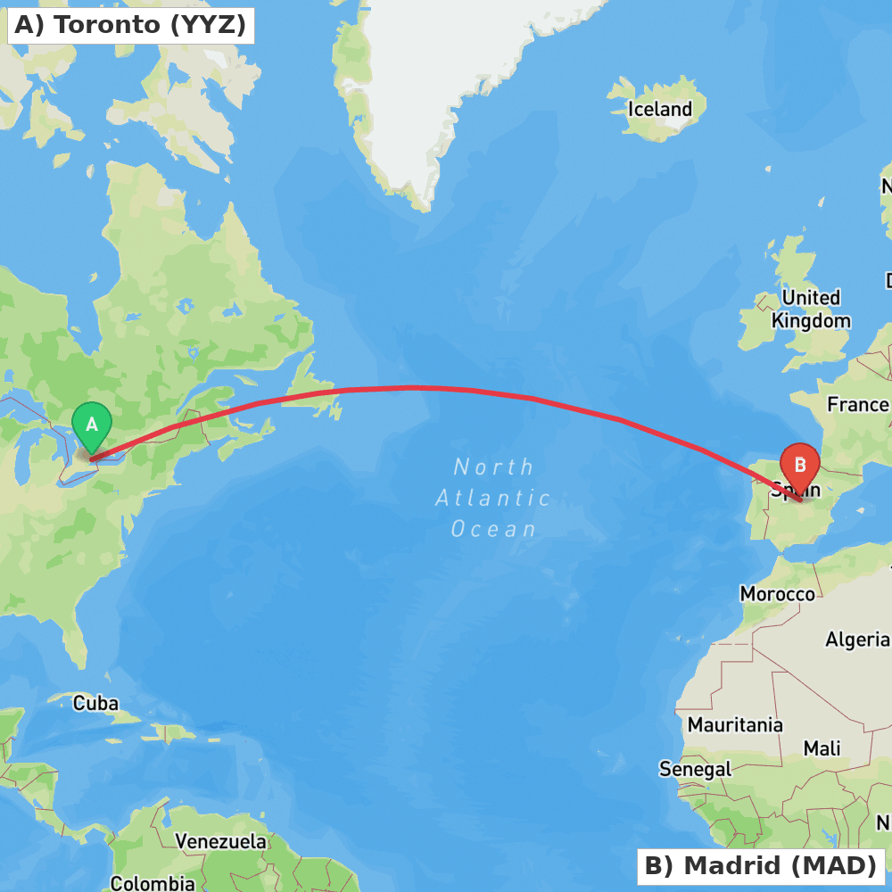 Flight route map from Toronto to Madrid