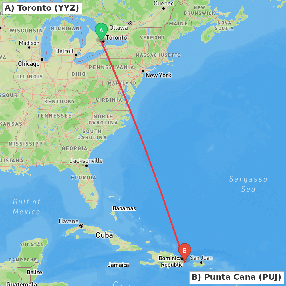 Flight route map from Toronto to Punta Cana