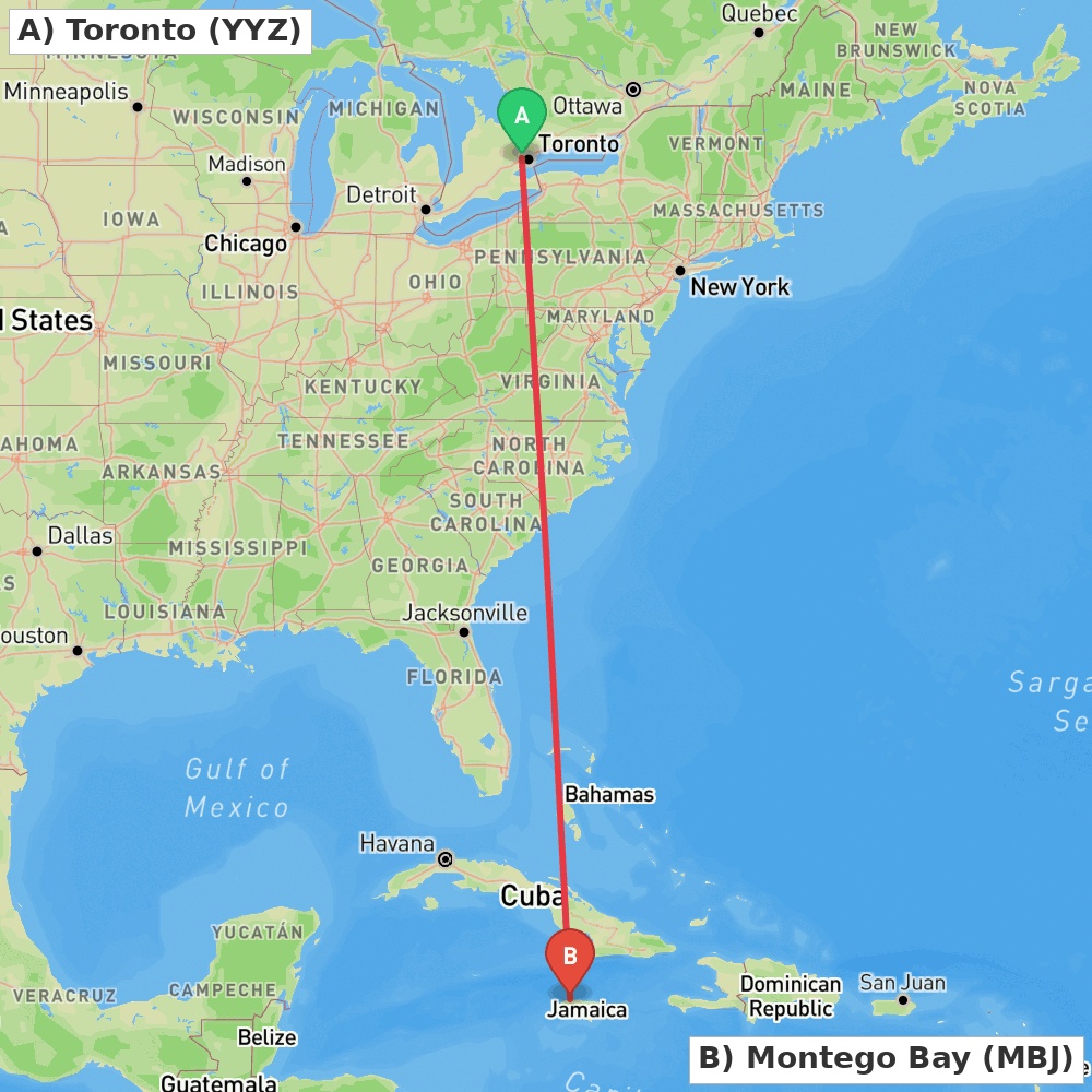 Flight route map from Toronto to Montego Bay