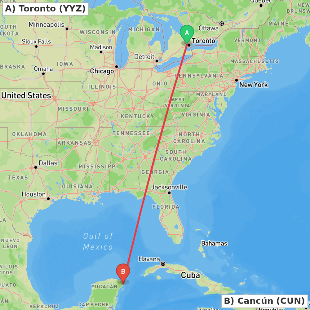 Flight route map from Toronto to Cancún