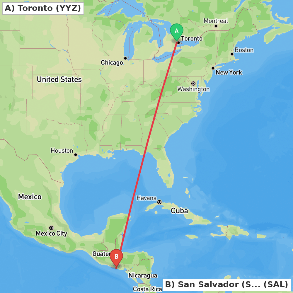 Flight route map from Toronto to San Salvador (San Luis Talpa)