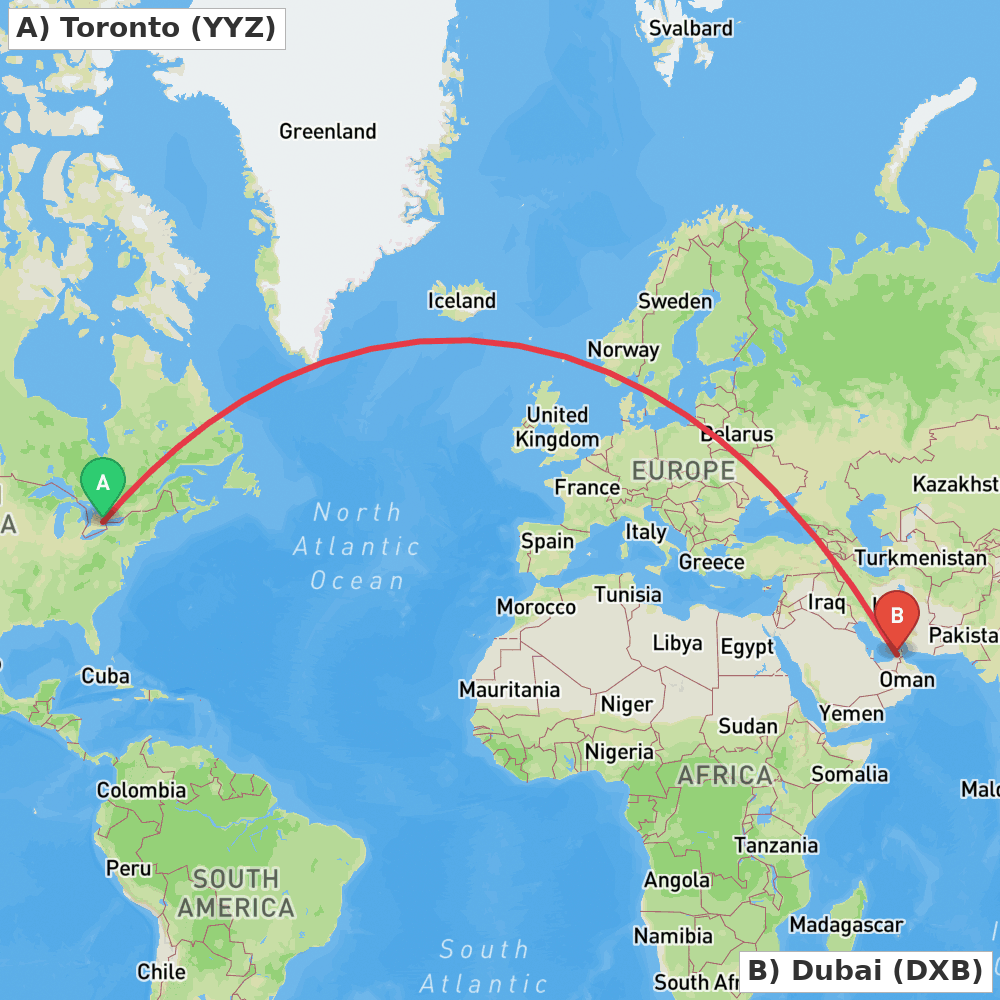 Flight route map from Toronto to Dubai