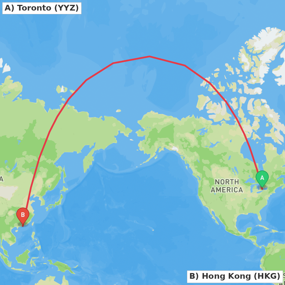 Flight route map from Toronto to Hong Kong