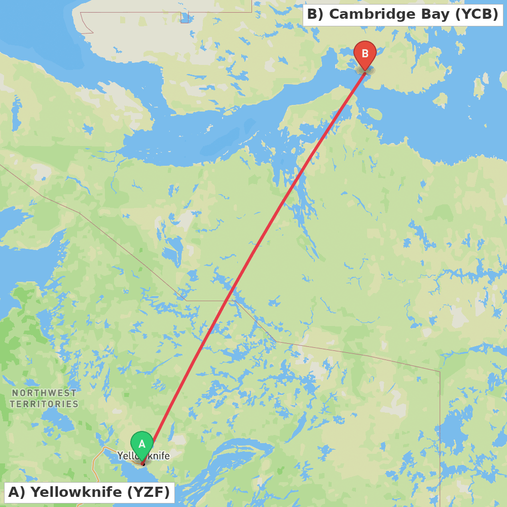 Flight route map from Yellowknife to Cambridge Bay