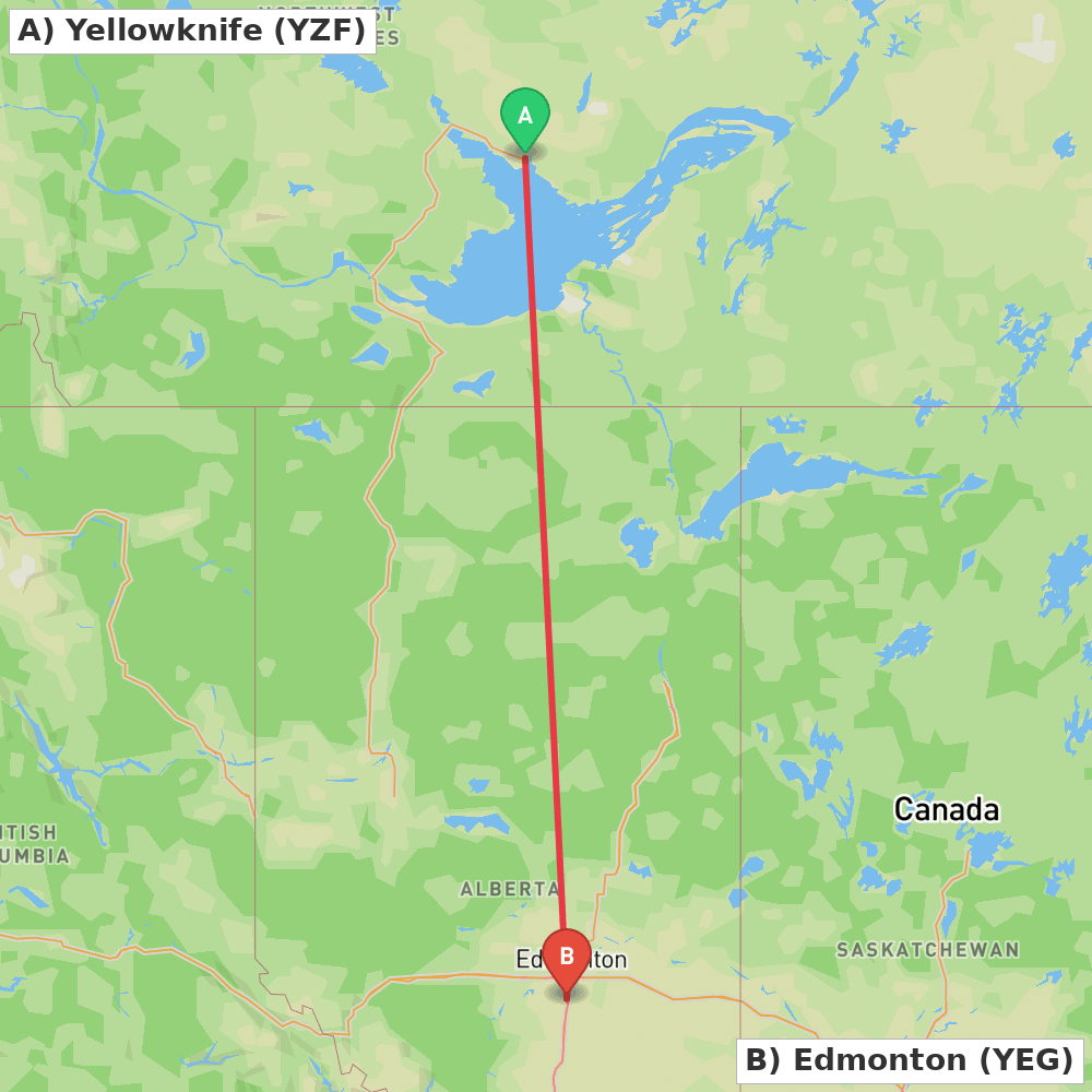 Flight route map from Yellowknife to Edmonton