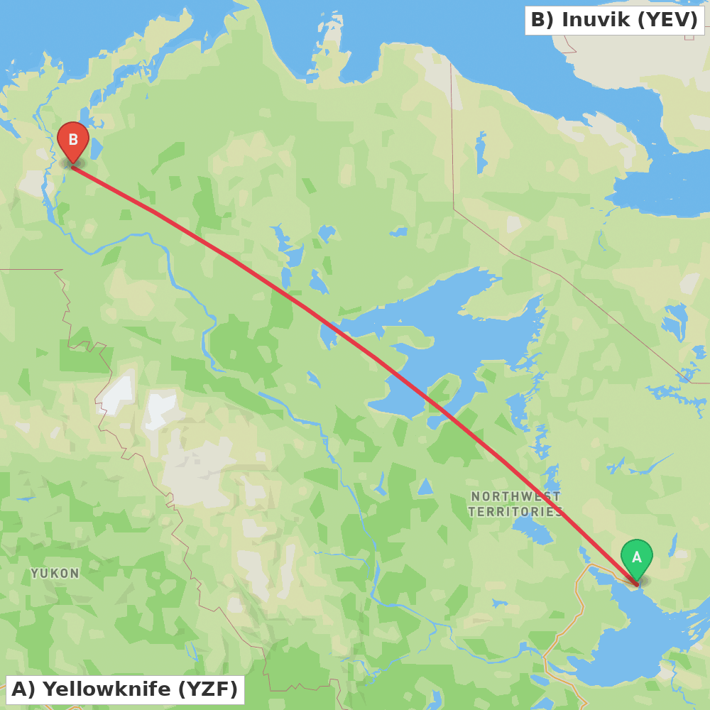 Flight route map from Yellowknife to Inuvik