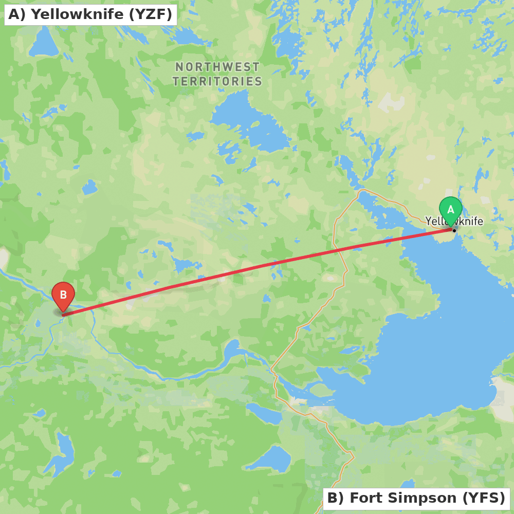 Flight route map from Yellowknife to Fort Simpson