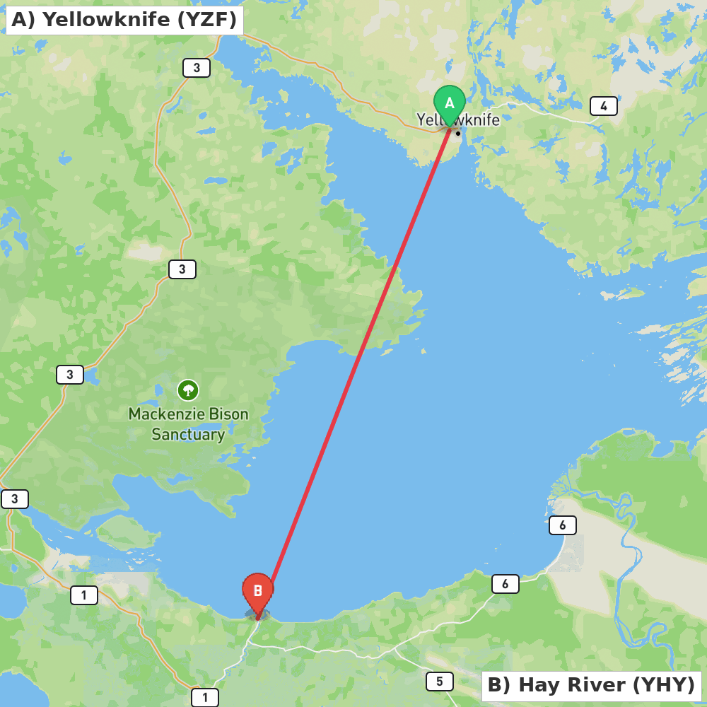 Flight route map from Yellowknife to Hay River