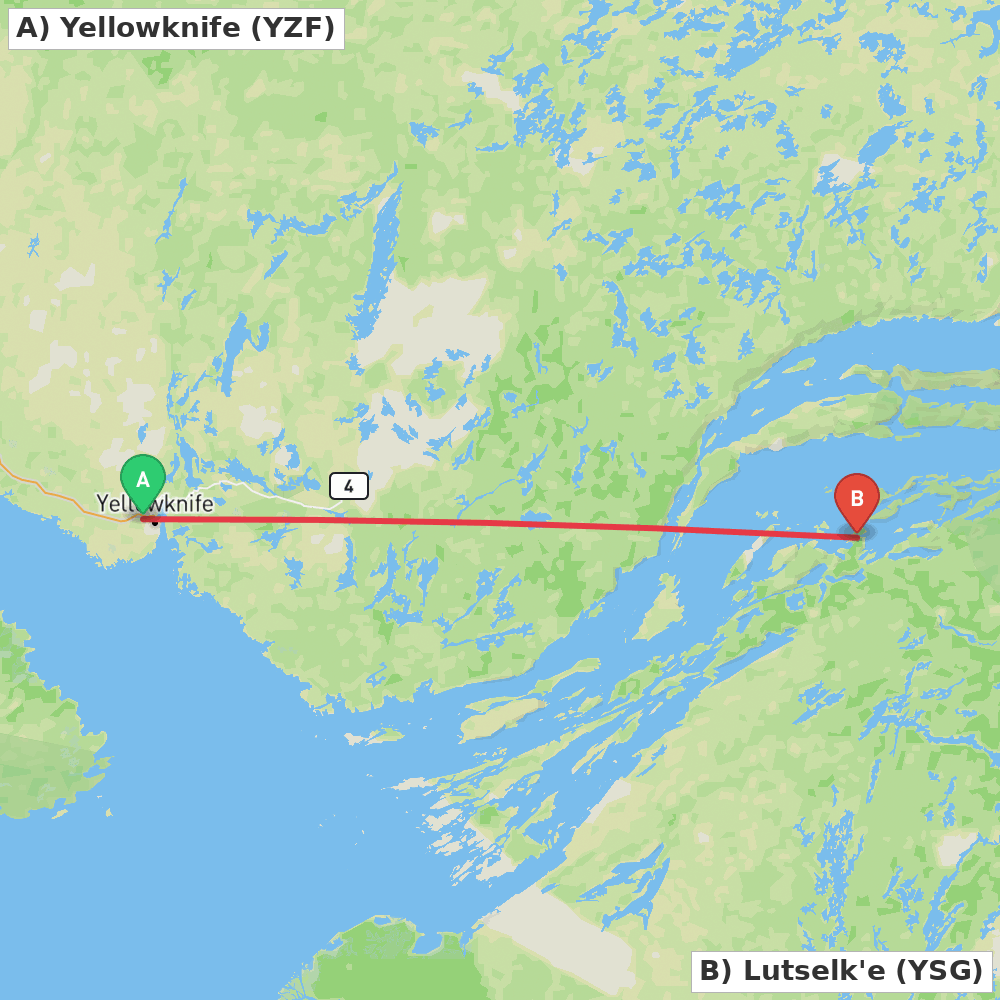 Flight route map from Yellowknife to Lutselk'e