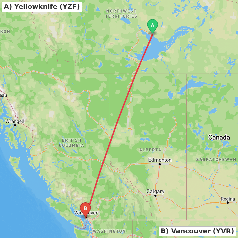 Flight route map from Yellowknife to Vancouver