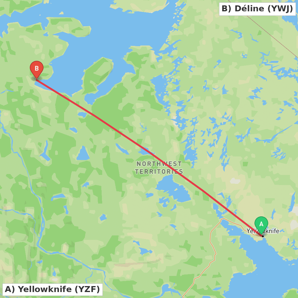 Flight route map from Yellowknife to Déline