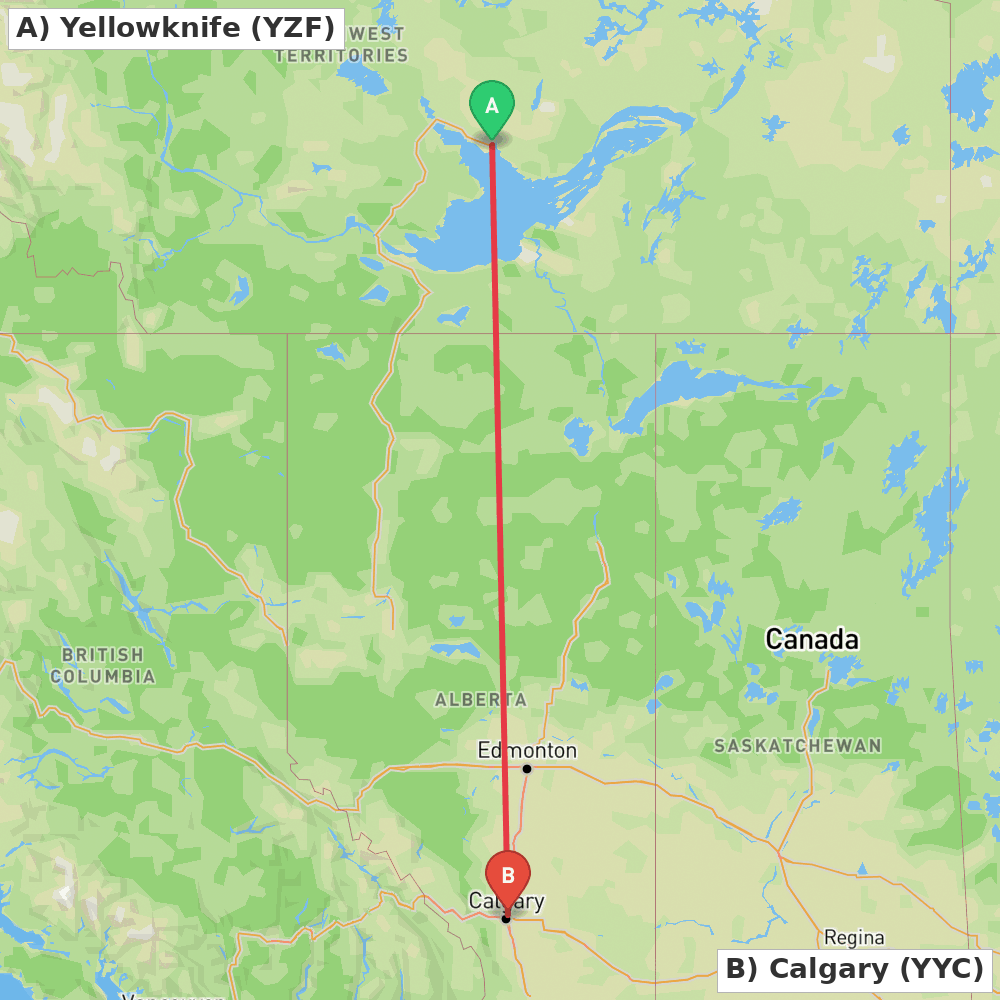 Flight route map from Yellowknife to Calgary