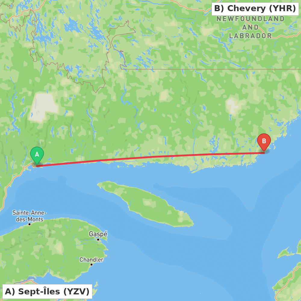 Flight route map from Sept-Îles to Chevery
