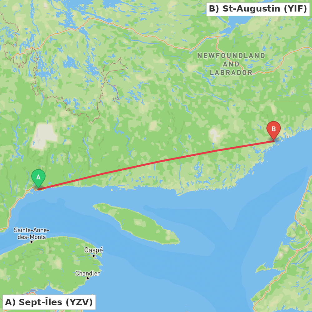 Flight route map from Sept-Îles to St-Augustin
