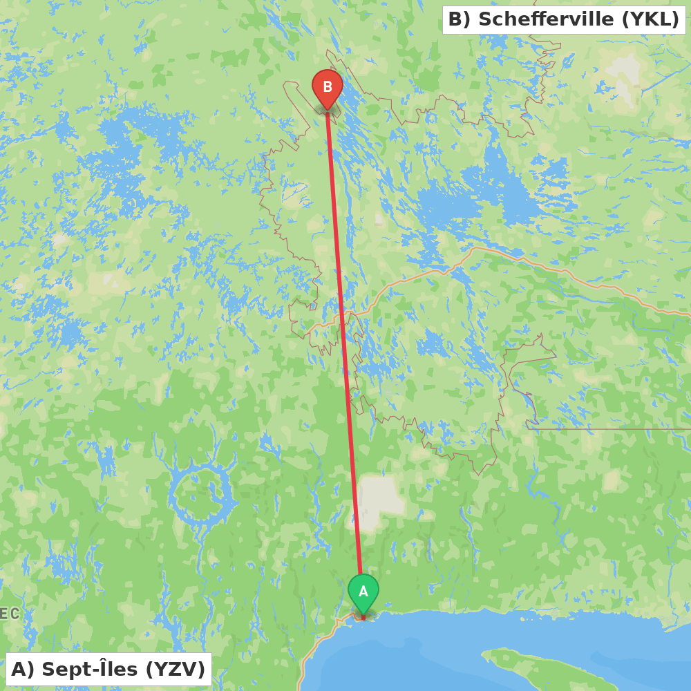 Flight route map from Sept-Îles to Schefferville