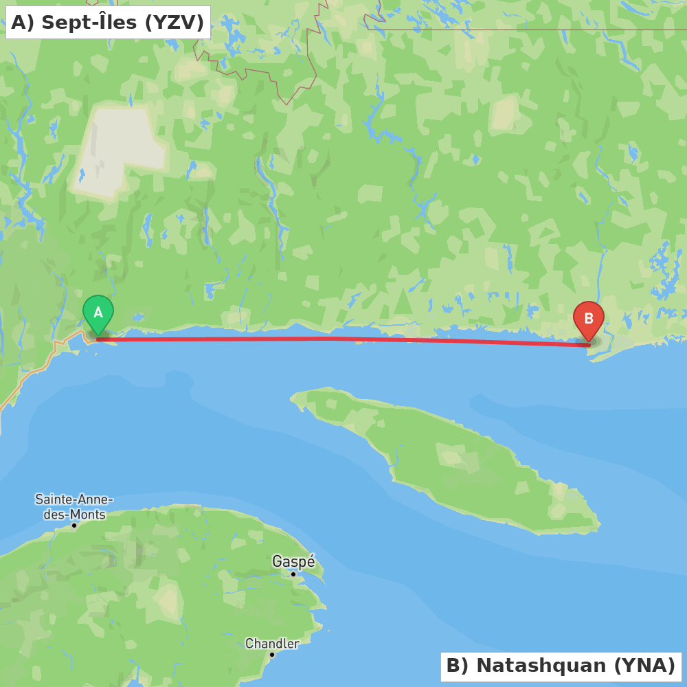 Flight route map from Sept-Îles to Natashquan