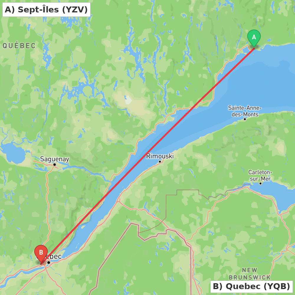 Flight route map from Sept-Îles to Quebec