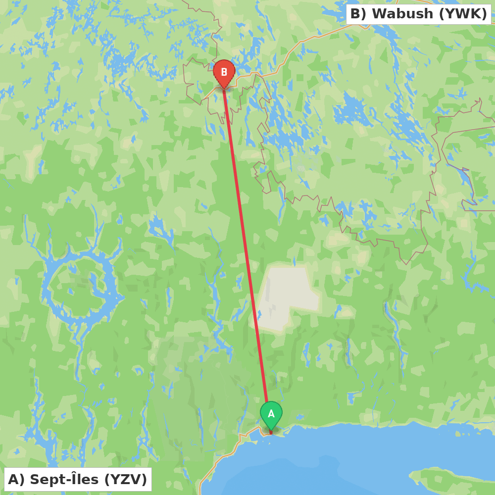 Flight route map from Sept-Îles to Wabush