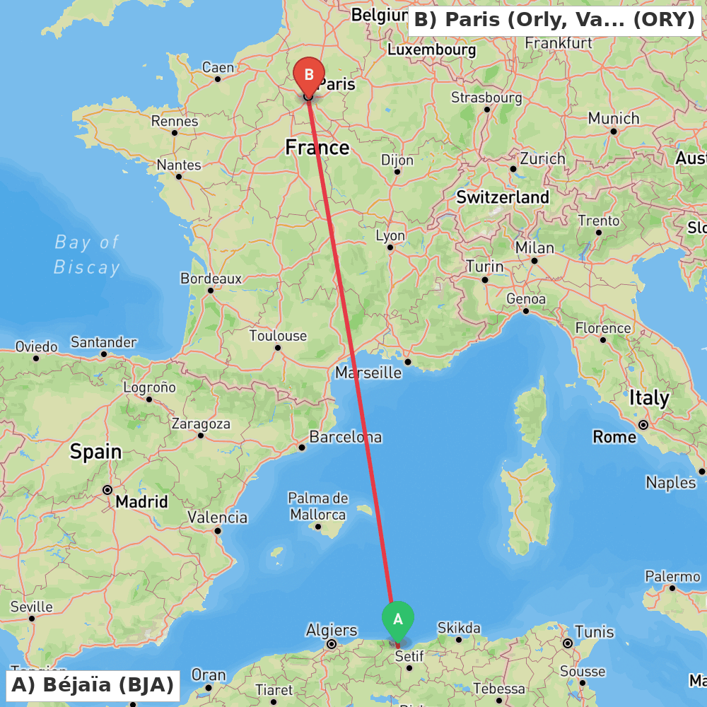 Flight route map from Béjaïa to Paris (Orly, Val-de-Marne)