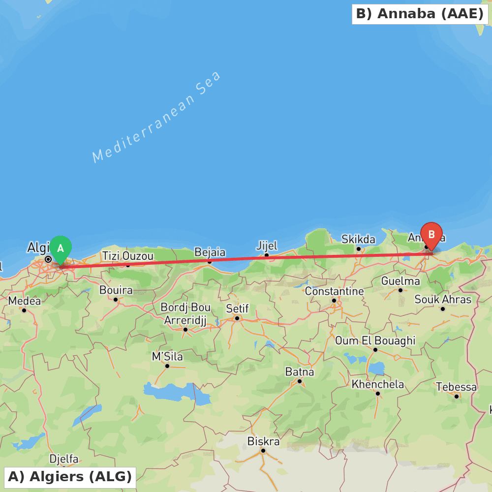 Flight route map from Algiers to Annaba