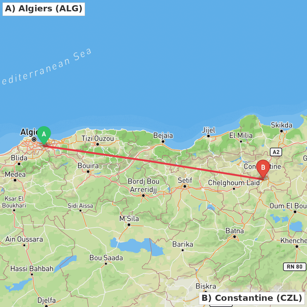 Flight route map from Algiers to Constantine
