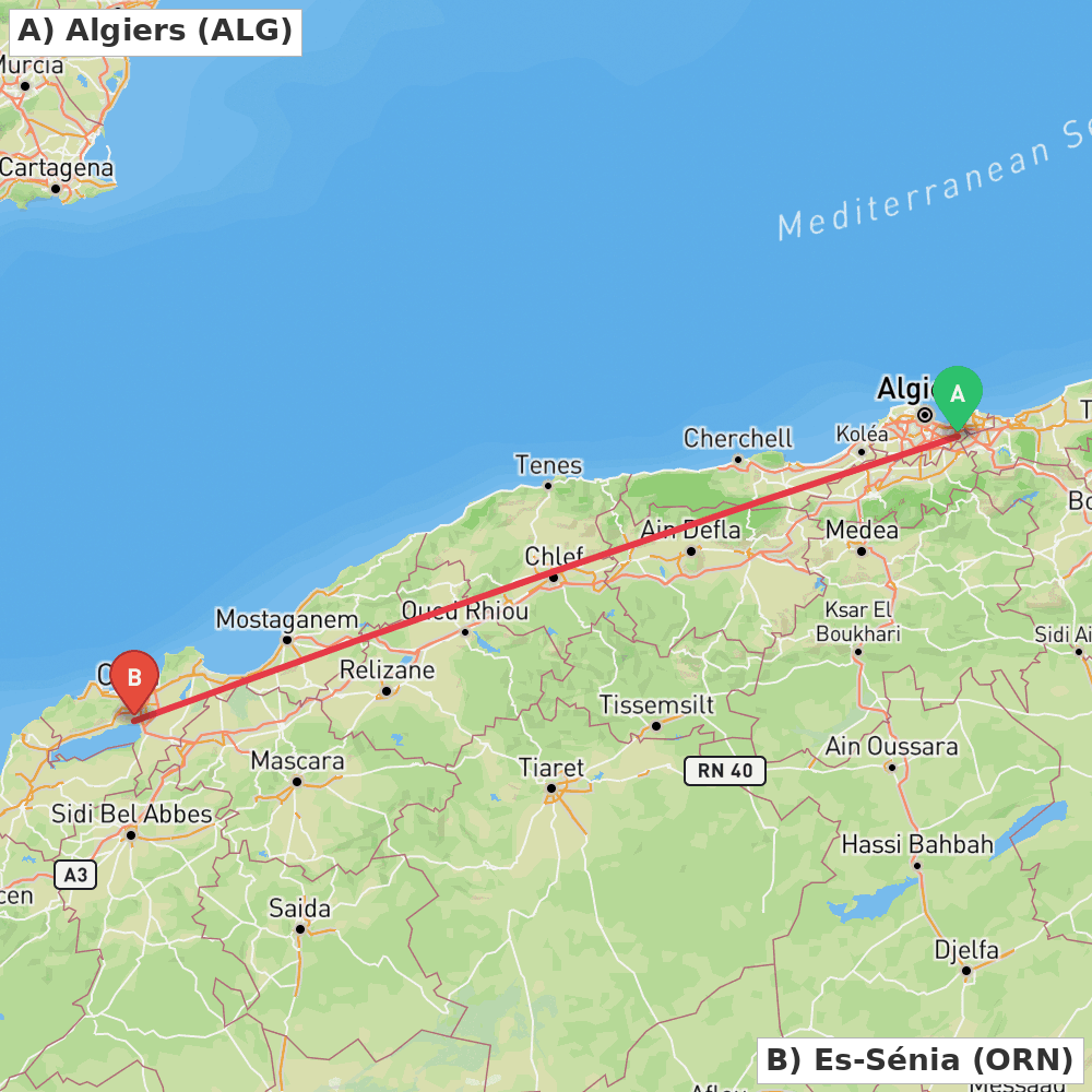 Flight route map from Algiers to Es-Sénia