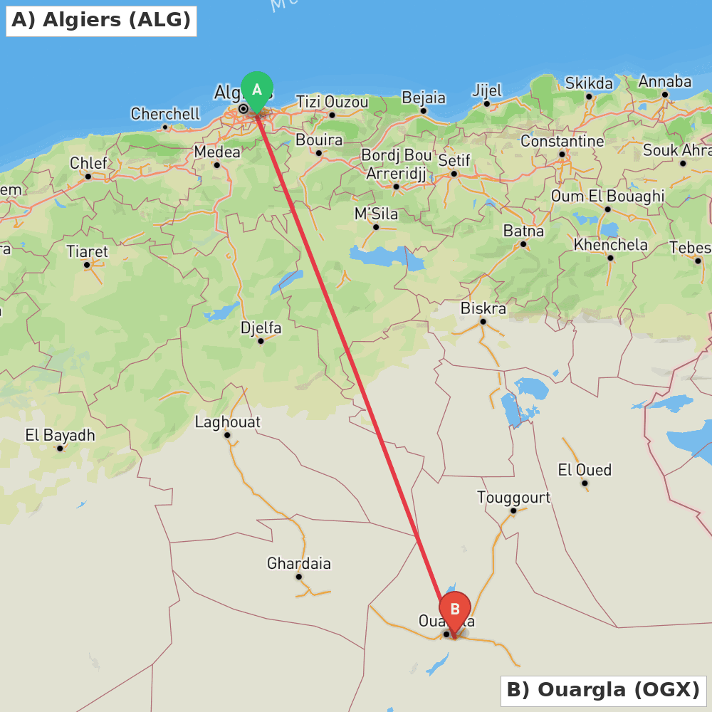 Flight route map from Algiers to Ouargla