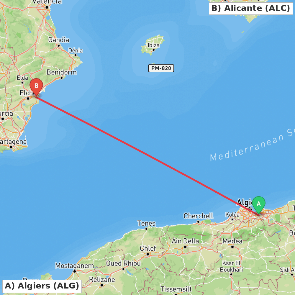 Flight route map from Algiers to Alicante