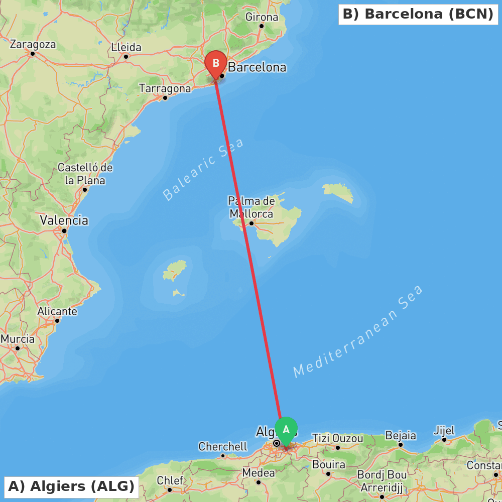 Flight route map from Algiers to Barcelona