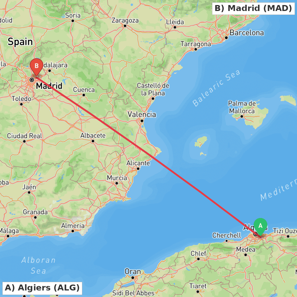 Flight route map from Algiers to Madrid