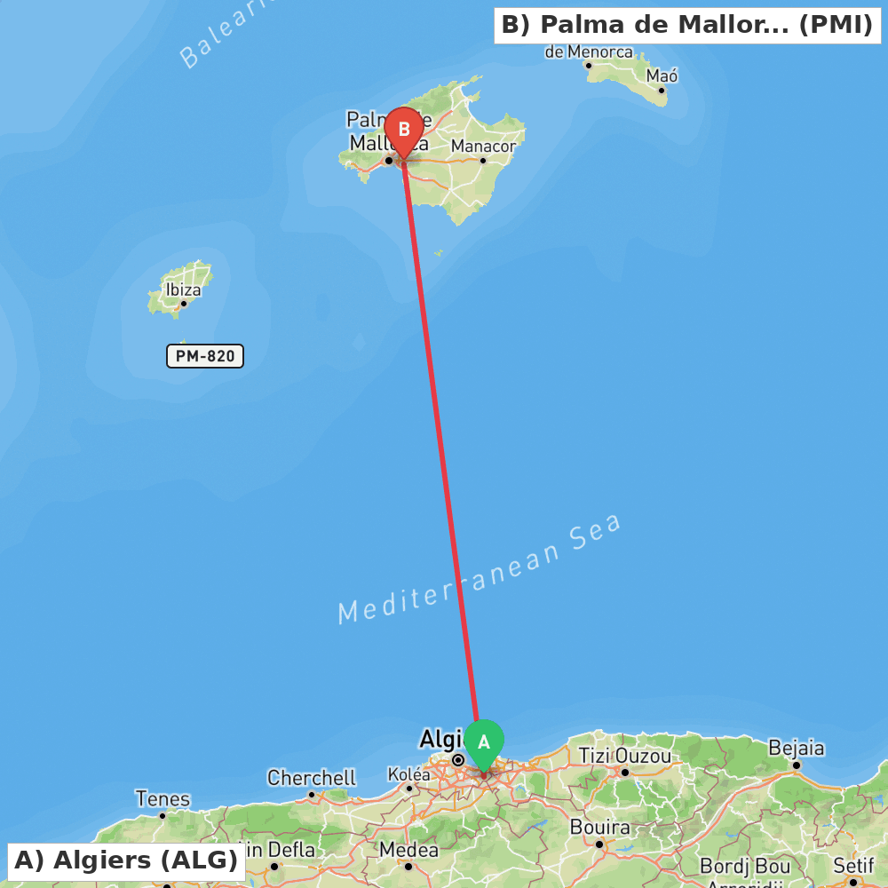 Flight route map from Algiers to Palma de Mallorca