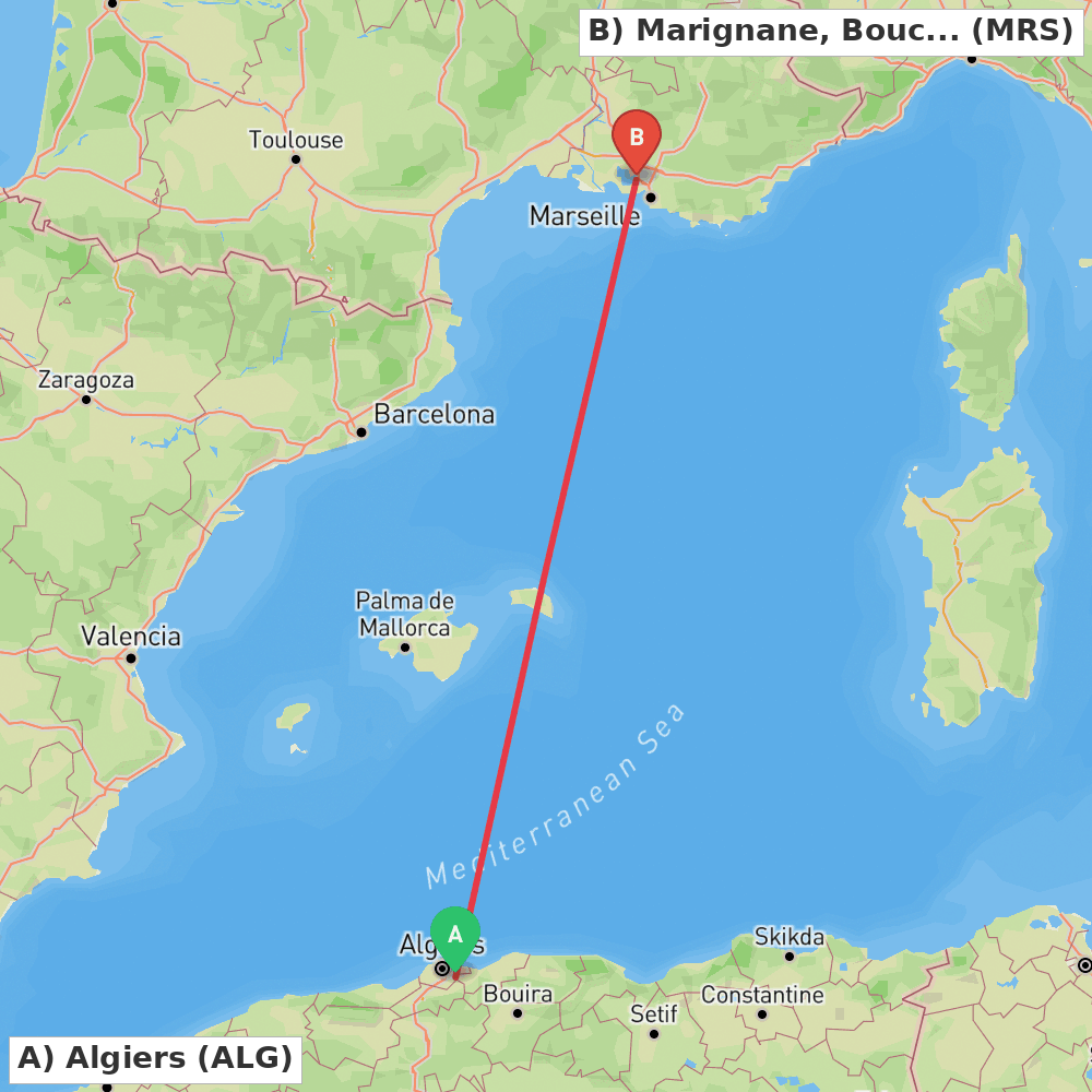 Flight route map from Algiers to Marignane, Bouches-du-Rhône