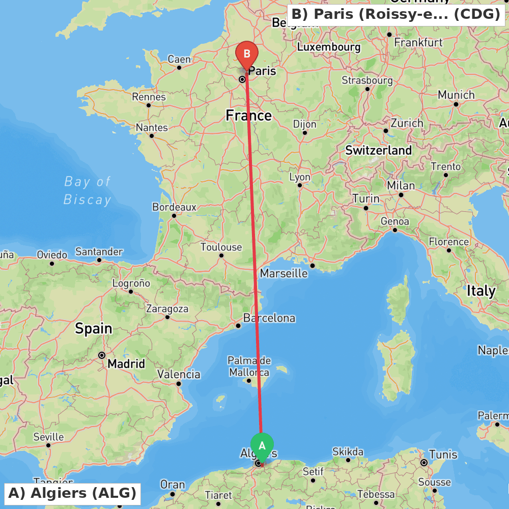 Flight route map from Algiers to Paris (Roissy-en-France, Val-d'Oise)