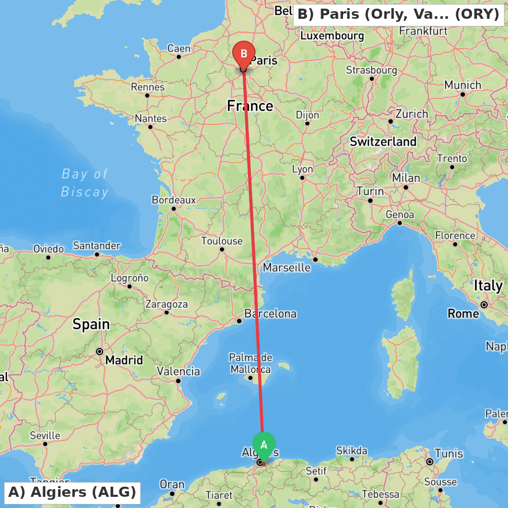 Flight route map from Algiers to Paris (Orly, Val-de-Marne)