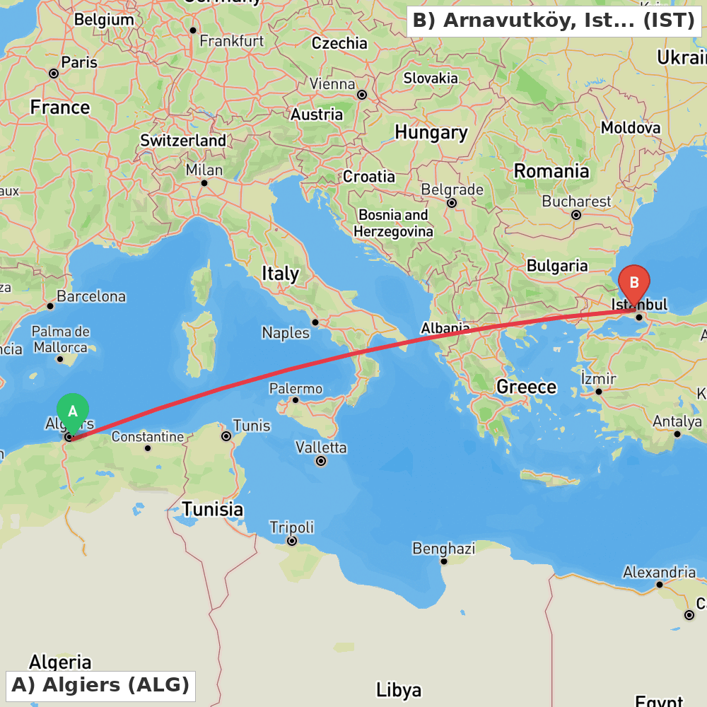 Flight route map from Algiers to Arnavutköy, Istanbul