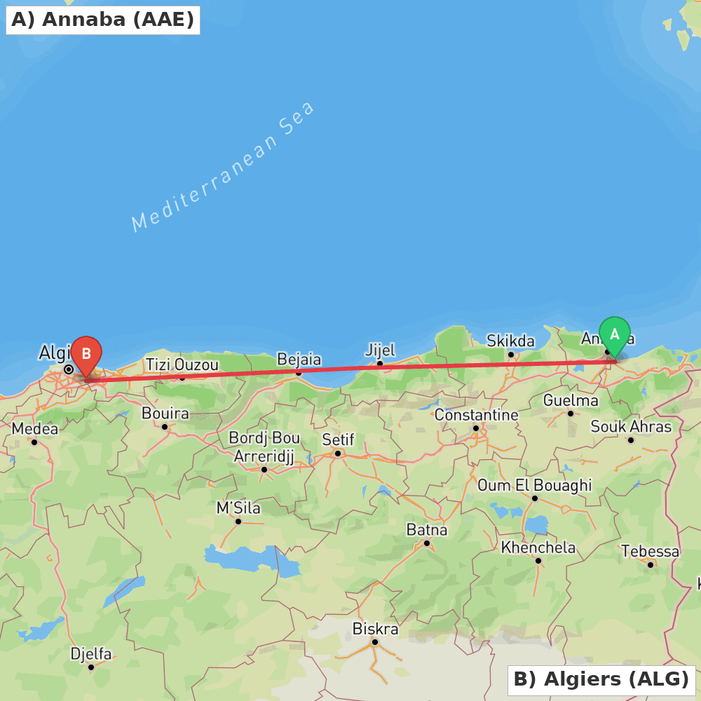 Flight route map from Annaba to Algiers