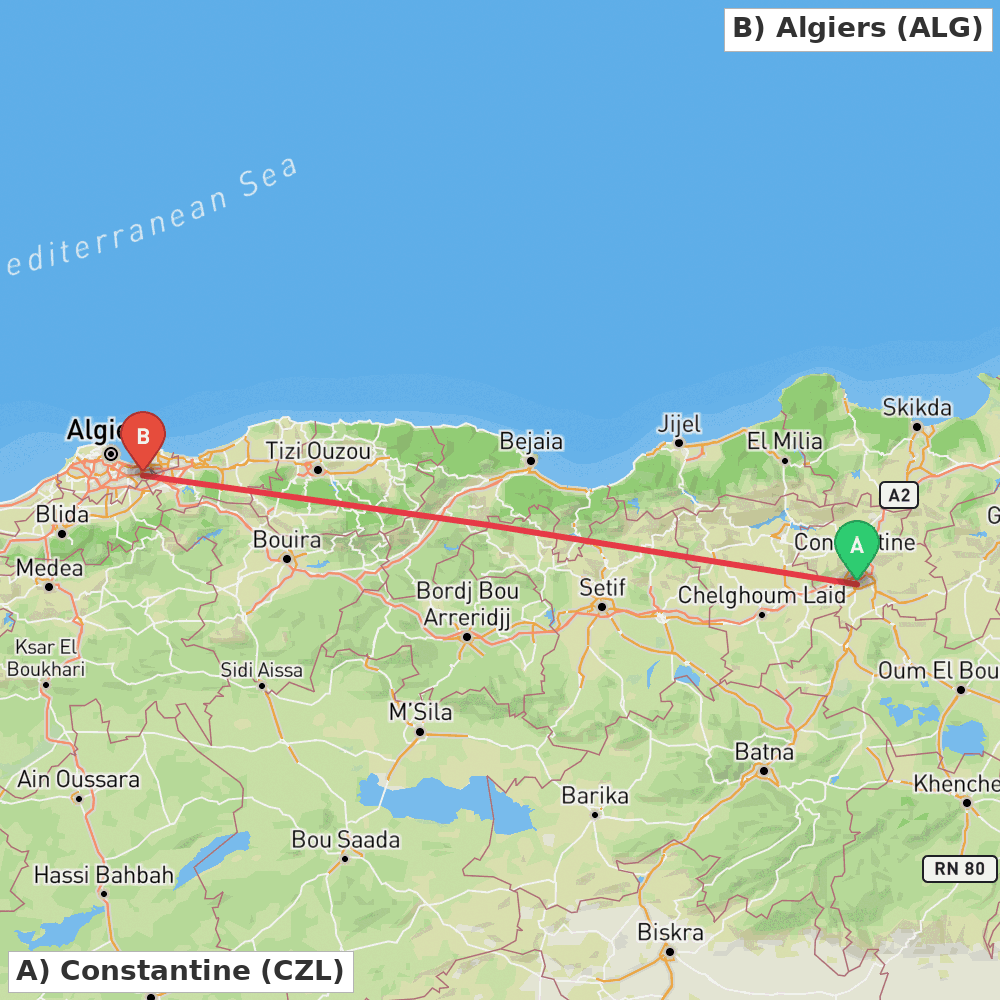 Flight route map from Constantine to Algiers