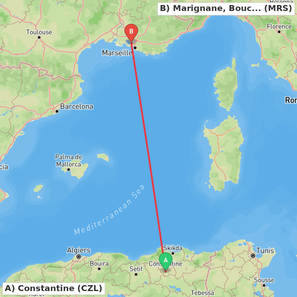 Flight route map from Constantine to Marignane, Bouches-du-Rhône