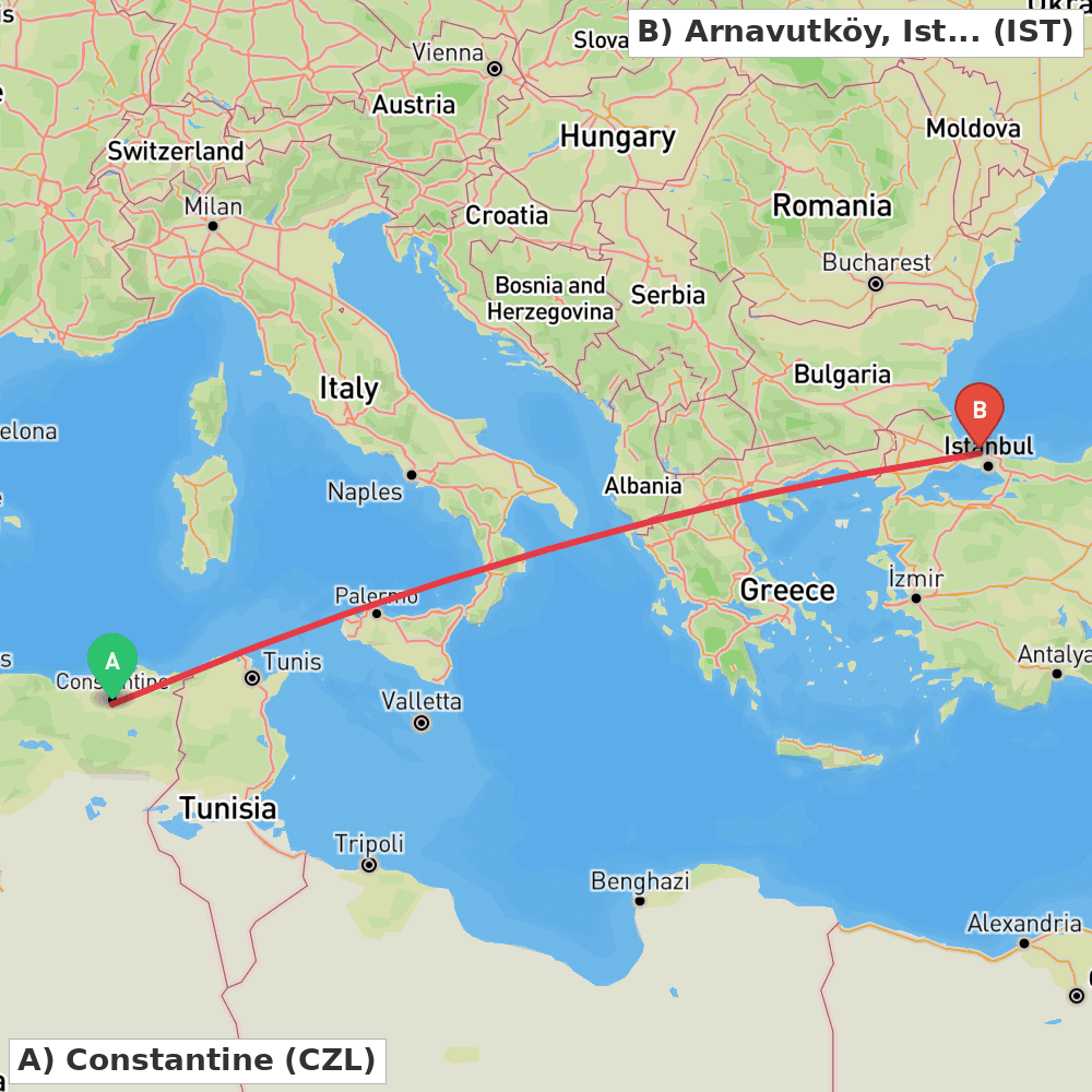 Flight route map from Constantine to Arnavutköy, Istanbul